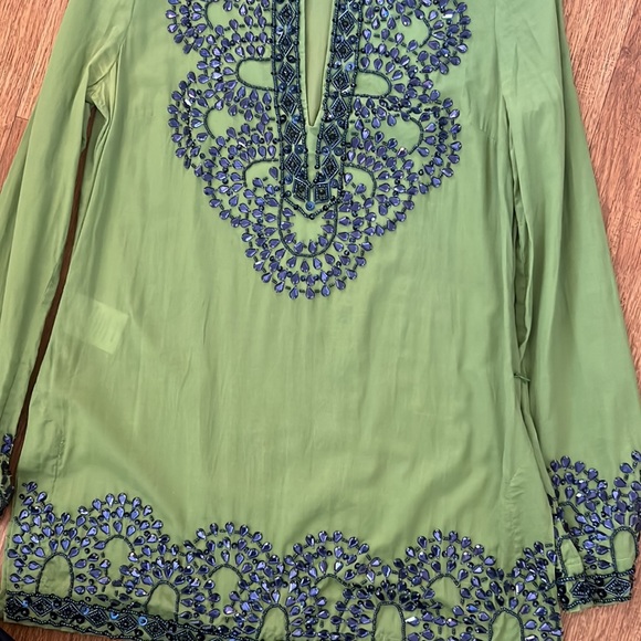 TORY BURCH TUNIC BEADED GEMS SEQUINED GREEN SAPPHIRE BLUE 2 LONG SLEEVE SHIRT SF - Picture 12 of 16